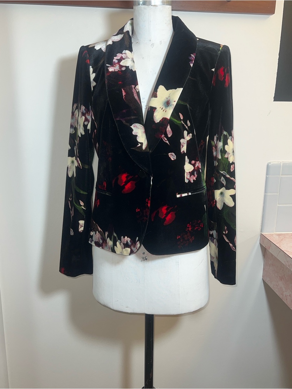 Calvin Klein Black Velvet Blazer with Cream & Red Floral Print - Picture 4 of 10